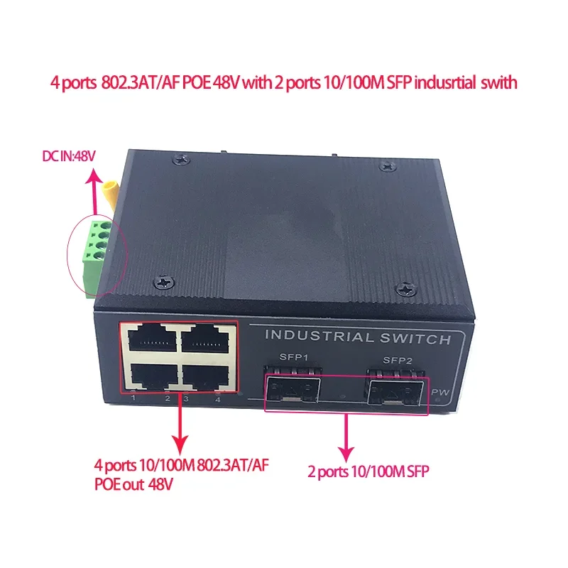 

4 порта 10/100M 802.3at/af POE 48V с 2 портами 10/100M SFP Ethernet industrial swith