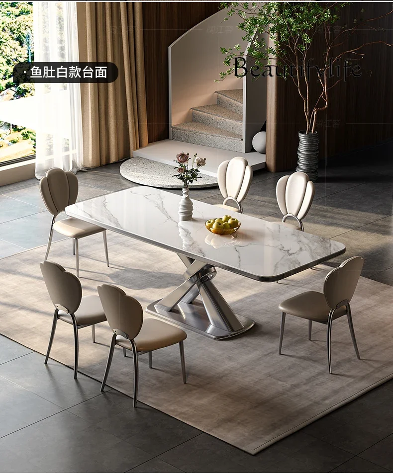 Italian Stone Plate Dining Table Modern Minimalist High-End Villa Home Rectangular Marble Dining-Table