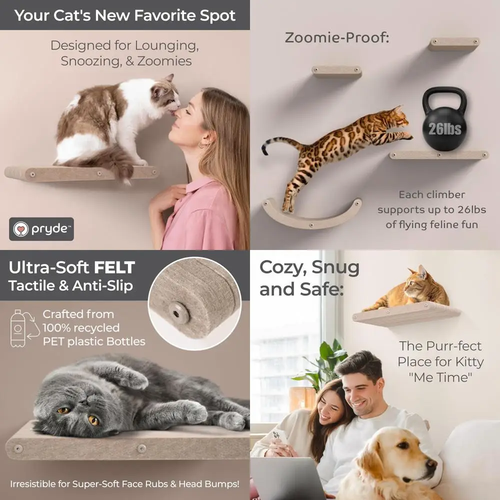 Percha para gatos montada en la pared, estante largo de Pryde Pets, cama hamaca flotante, mueble escalador de enriquecimiento felino de fieltro PET 100% sostenible