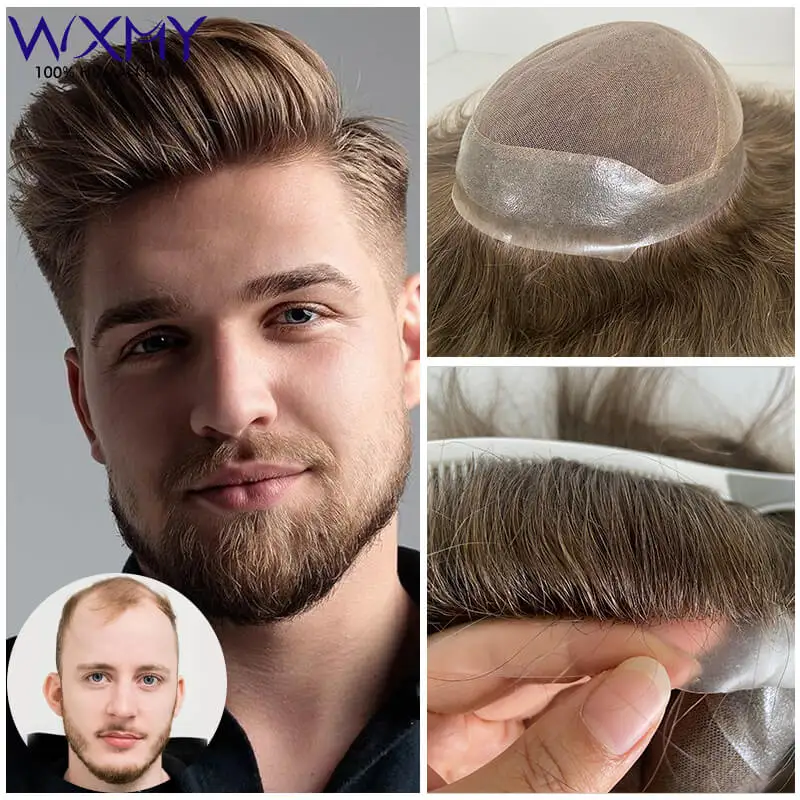 Rambut palsu kustom renda Swiss prostesis rambut pria Australia dengan wig pria rambut manusia alami Pu sistem rambut sejuk