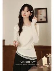 ALXNAN Women Fake Two Piece T-shirts Elegant Irregular Lace Patchwork Skew Collar Long Sleeve 2024 Fall Winter Slim Tops L507122