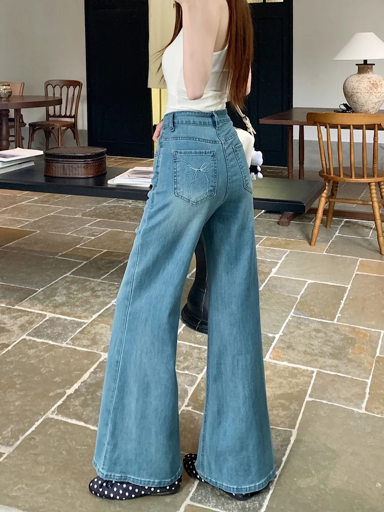 

Retro Blue Washed Bell Bottom Jeans Women's Summer New Knot Embroidery High Waist Loose Long Trousers Trendy