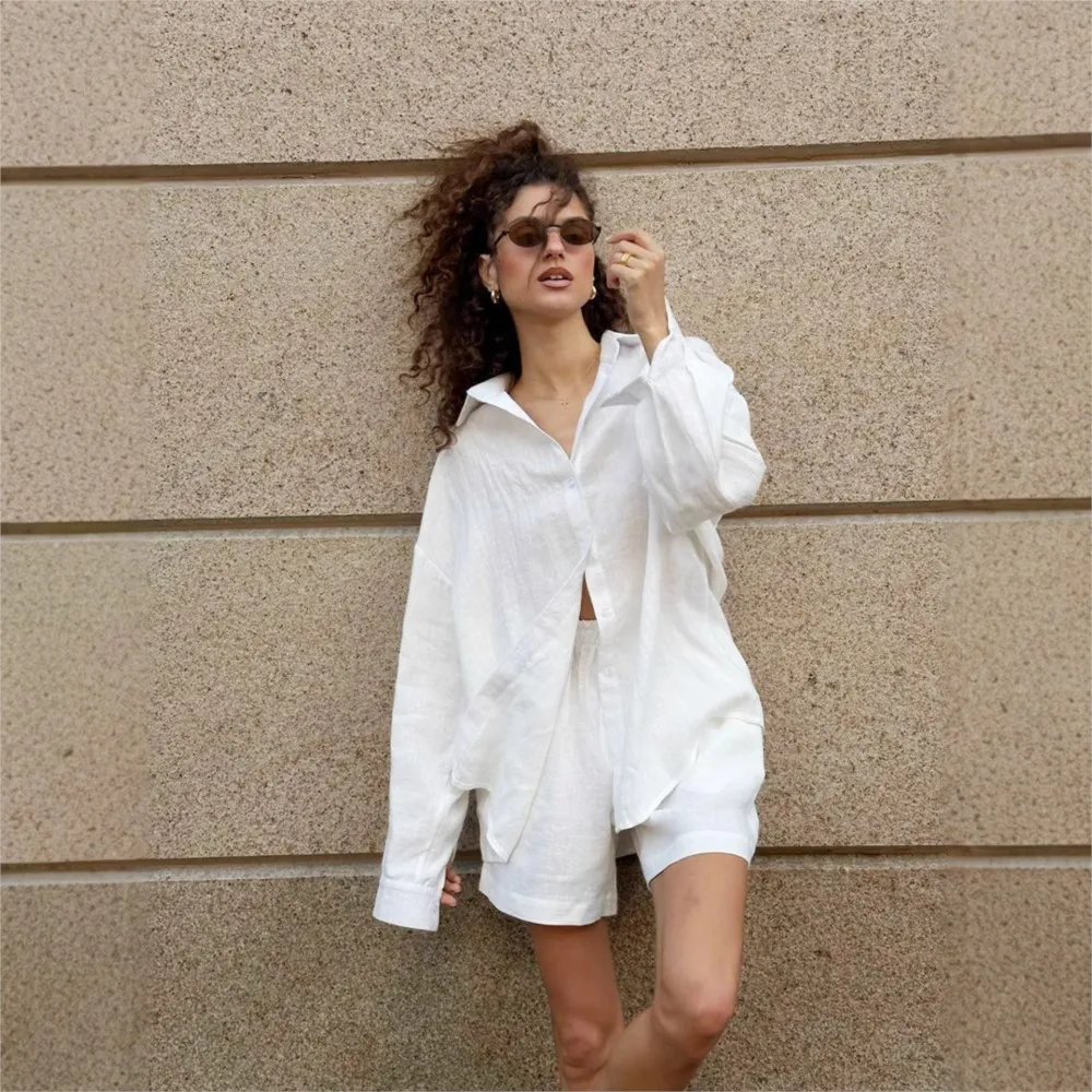 Woman 2 Piece Set Outfit Cardigan Long Sleeve Shorts Solid Color Two Piece Outfits Casual Loose Simple Style All-match Trendy