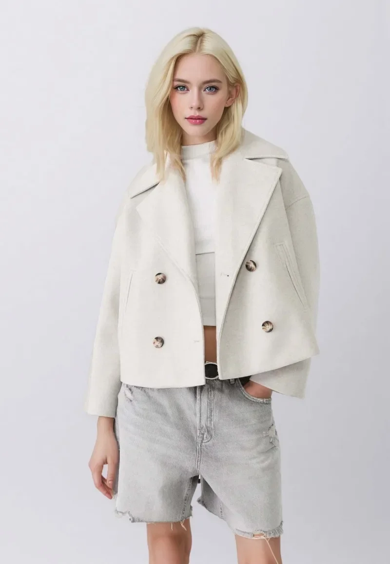 Lässige Kurze Wollmischmantel für Damen, Locker Geschnittene Jacken mit Revers, Doppelreihig, mit Taschen, Langen Ärmeln, Herbst-Winter 2026, Einfarbiger Damenmantel – Detail 2