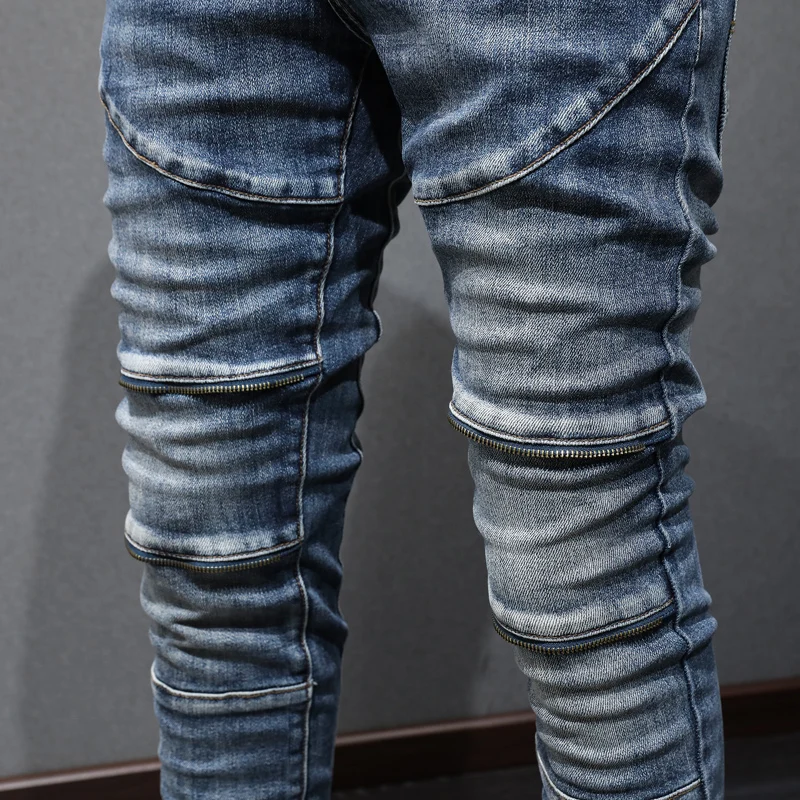 Street Fashion Men Jeans Retro Blue Elastic Stretch Skinny Ripped Jeans Men Zipper Spliced Designer Hip Hop Biker Pants Hombre