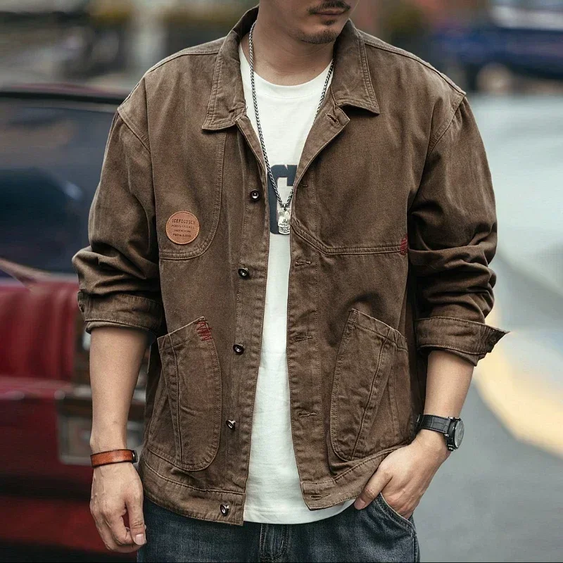 Button Jeans Coat Men Black Cargo with Embroidery Denim Jackets Brown Splicing Winter Outerwear on Board Rock Oversize JJ1177
