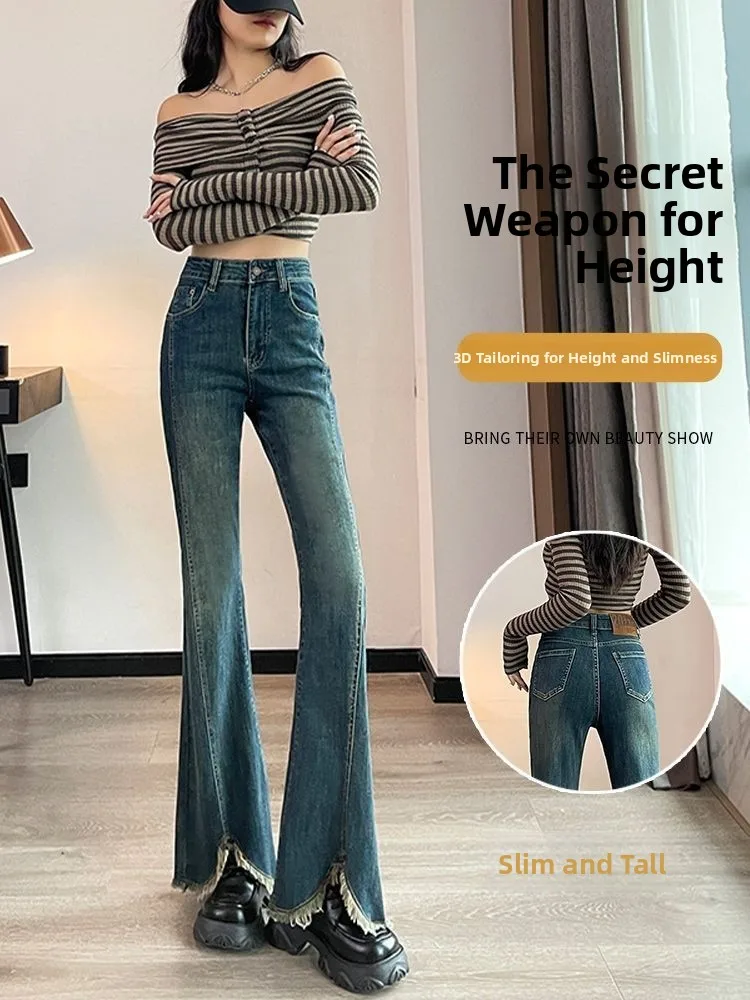 Damskie jeansy z wysokim stanem, rozszerzane, proste nogawki, na wiosnę i jesień, plus size, elastyczne, z rozcięciem, wyszczuplające, bootcut, długość do podłogi.