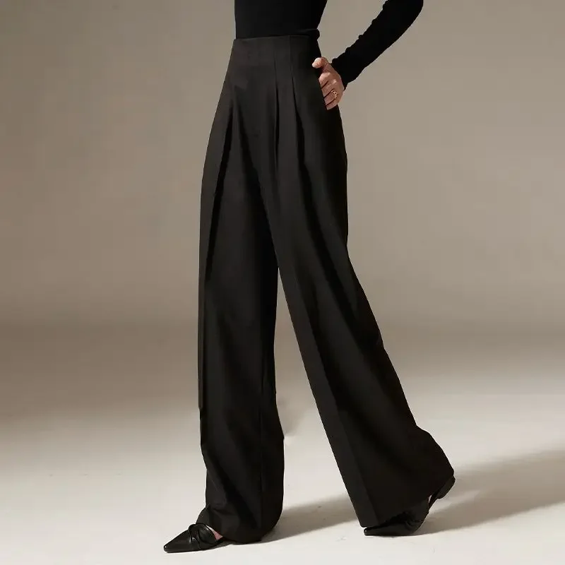 Pantalones de pierna ancha para mujer, pantalón largo de cintura alta, efecto drapeado, ajustado, traje deslizante de aspecto alto, novedad de
