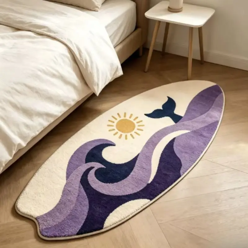 VIKAMA Surfboard Shaped Area Rug Purple Ocean Wave Whale Tail Sun Print Non‑Slip Soft Floor Mat for Bedroom Home Decor