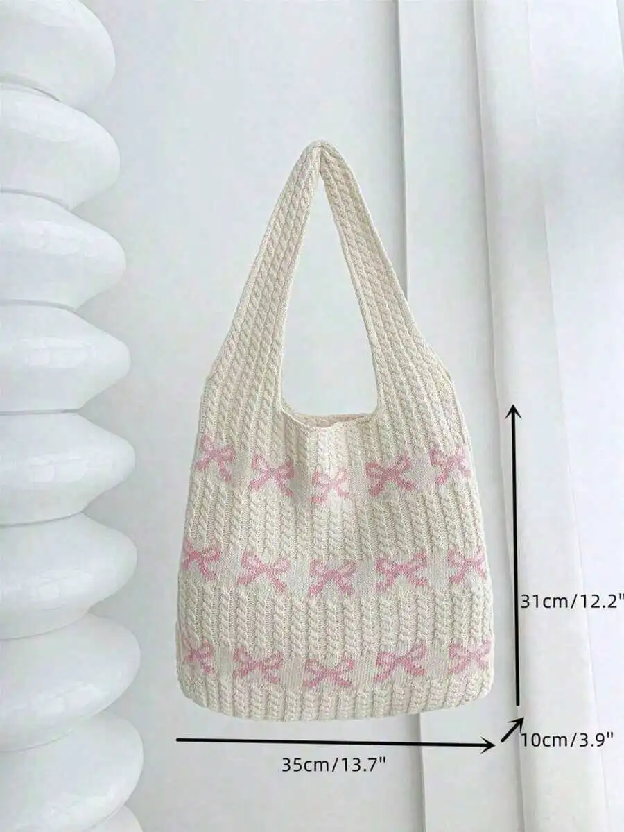 

Crochet Knitted Bow Pattern Tote Bag Women Casual Shoulder Bag Large Capacity Beach Hobo Bag