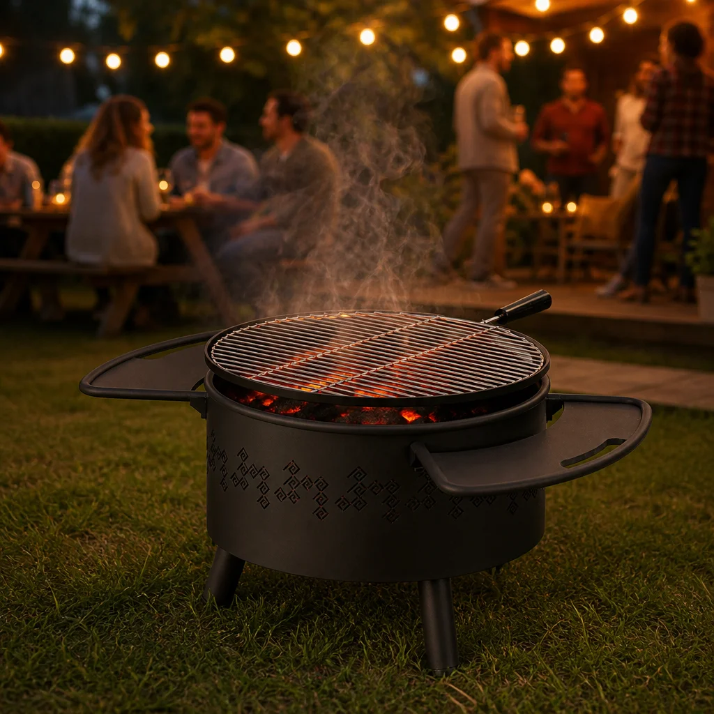 hx-Modern Portable Charcoal BBQ Grill 57cm Cylinder Outdoor Stainless Steel Cooking Grate Flame Safety Device 2 Fold Side Tables