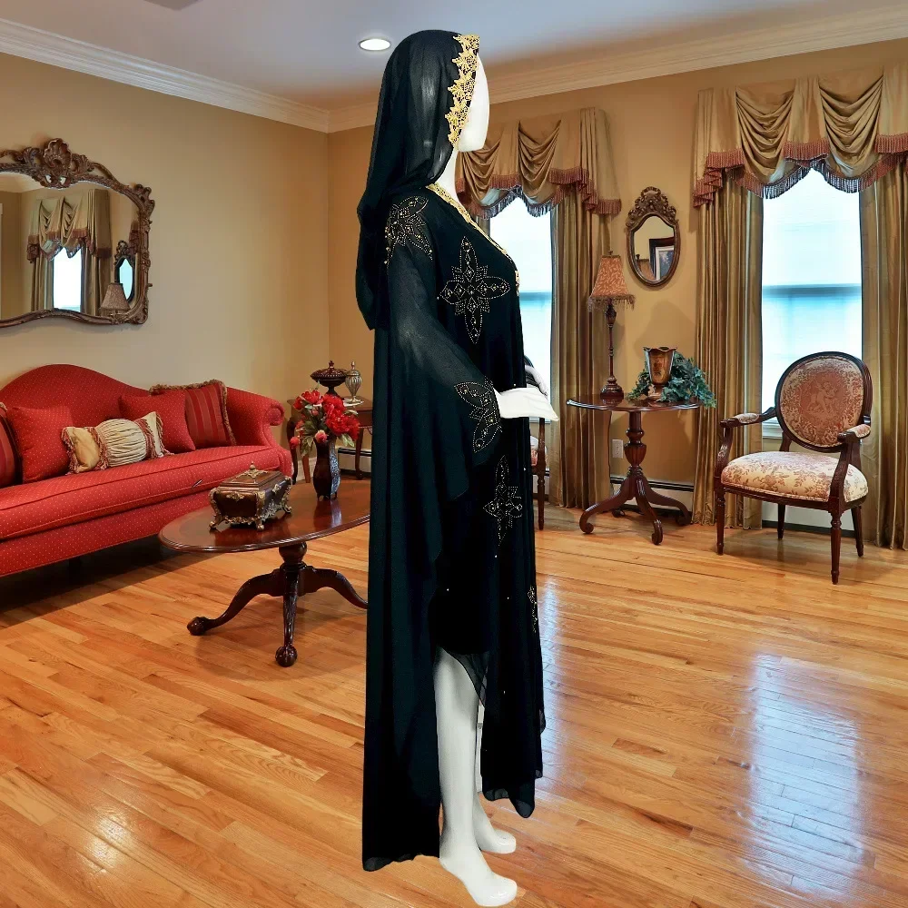 New Style Embroidered Beaded Diamond Stitching Muslim Dress African Large Size Women's Clothing Hooded Long Gown