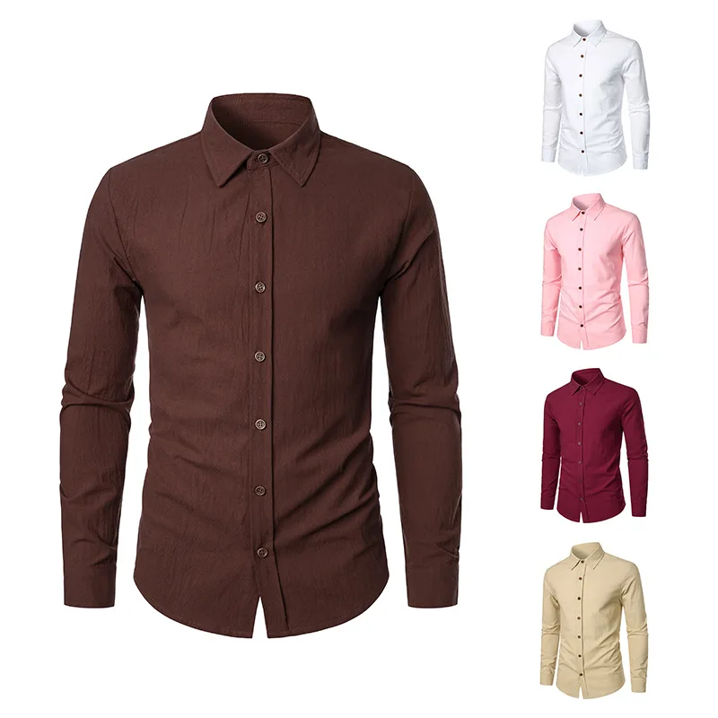 Spring/Summer New Middle Ages Men's Long Sleeved Shirt Vintage Cotton and Hemp Crepe Solid Color Polo Neck Shirt