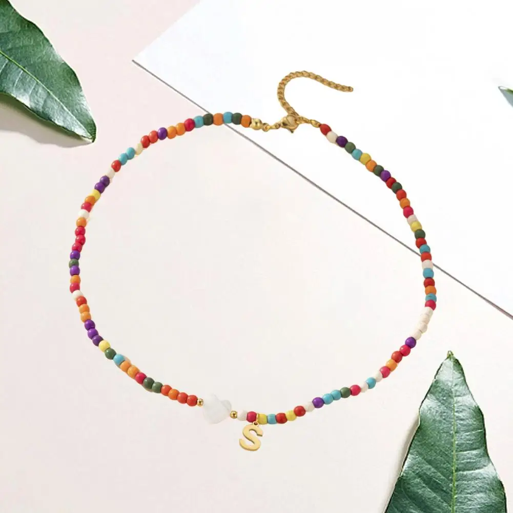 Non-irritating Necklace Colorful Bead Necklace Bohemian Style Colorful Beads Necklace with Letter Pendant Heart Decor for Women