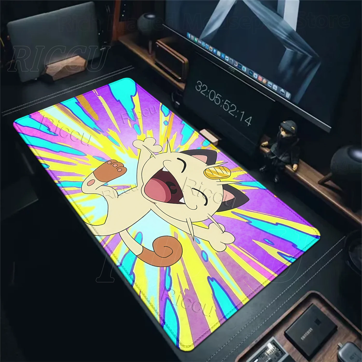 Computer Gaming Mouse Pads PC Rubber Accessories Washable Anime Meowth Pattern Extended Keyboard Mat Pokemon Locking Edge Carpet