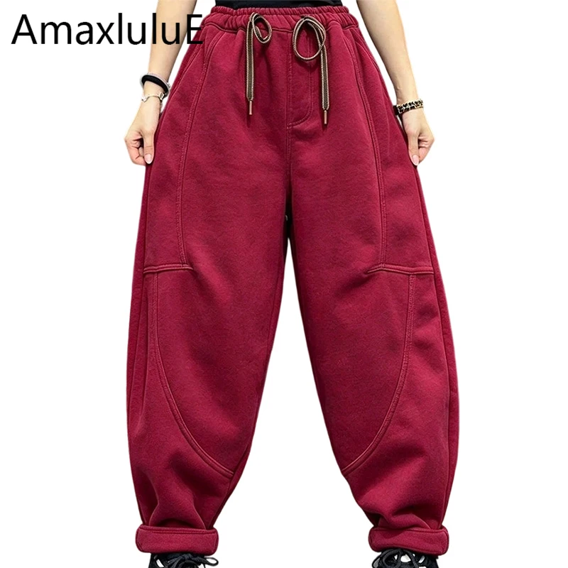 Amax LuluE 2026 Winter Womens Fashion Loose Vintage Casual Classic Pants Ladies Korean Solid Elegant Cotton Fur Design Trousers