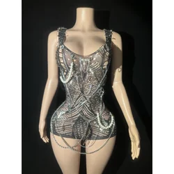 Stock Women Sparkling Metal Chain Sleeveless Cut Out Bodycon Bodysuit Celebrity Nightclub Bar Party Stage Performance Clothing