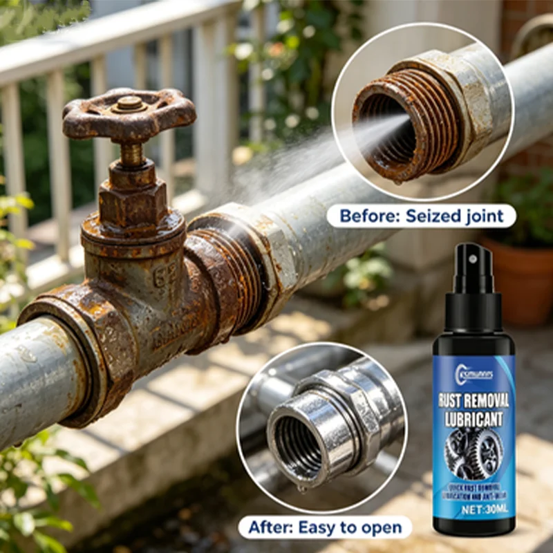 Rust remover spray with a penetrating formula for metal surface care, helps remove rust and oxidation from metal surfaces, suita