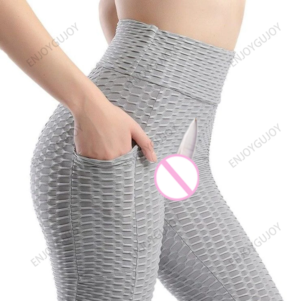 Pocket Jacquard Fitness Shorts Women's，High Elastic Yoga Pants，Invisible Open Crotch Outdoor Sex，Running Five Points Leggings