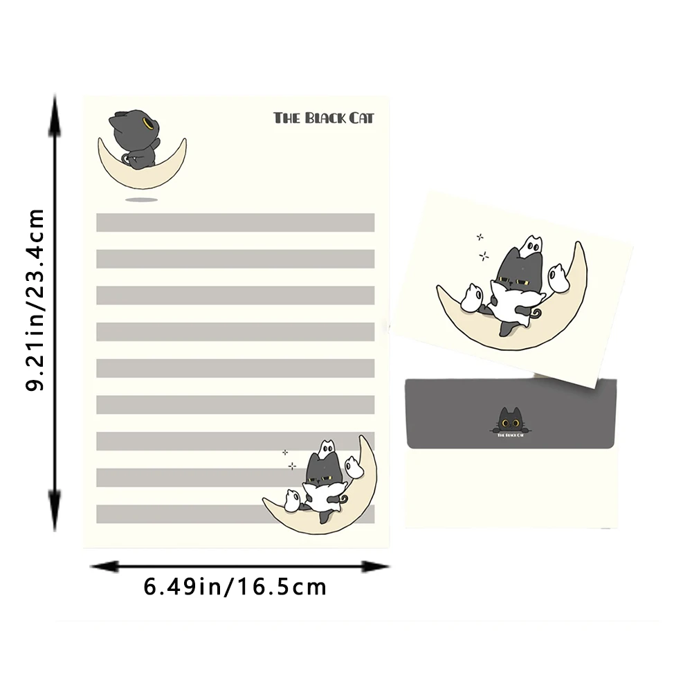 Lindo conjunto de envelope de gato preto, 4 folhas de papel e 4 envelopes, adequado para convites e cartas