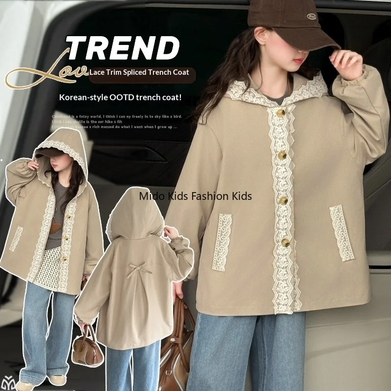

2026 Новое корейское стильное ветровка с кружевной отделкой для девочек, осенняя повседневная куртка с капюшоном для больших детей 120-160 см