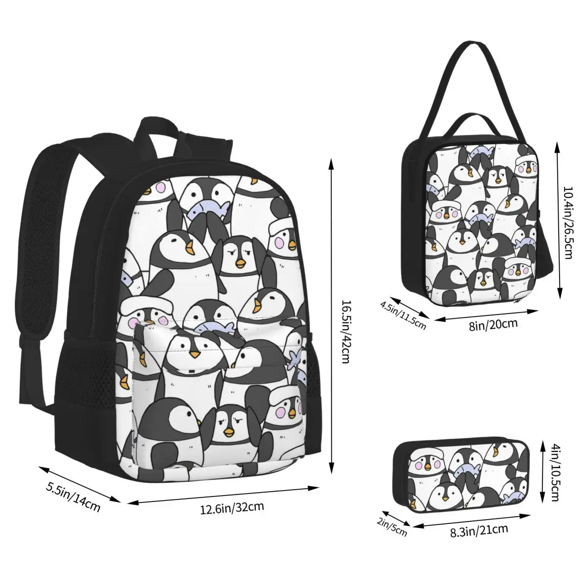 Hand Drawn Penguin Set Backpacks Students Bookbag School Bags Children Rucksack Lunch Bag Pen Bag Three-Piece Set