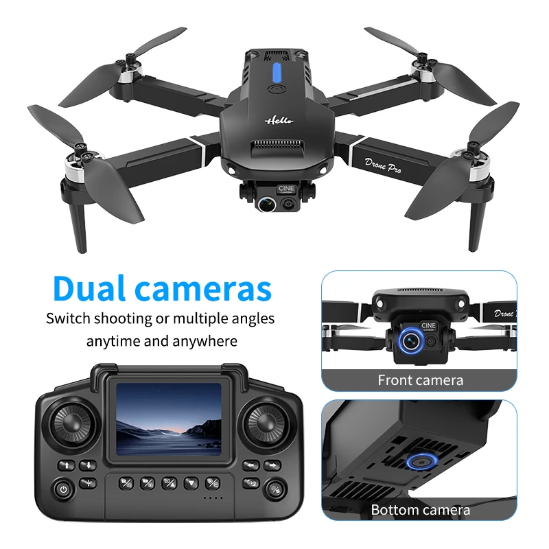 Drone télécommandé E77 avec écran, double caméra HD, moteur sans balais, vol stationnaire de positionnement du flux optique, drone pliable quadrirotor