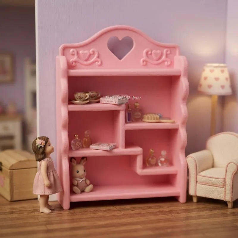 Mini Pink Hollow Heart-shaped Bookshelf Doll Furniture Ornament Miniature Scene Decoration Accessory Plastic Toy Storage Rack