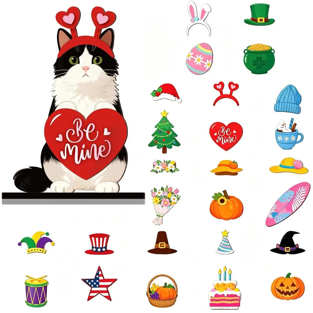 12Pcs-13Pcs Small Interchangeable Dog Seasonal Sign Halloween Decor, Wooden Magnetic Animal Accessories Table Decorations