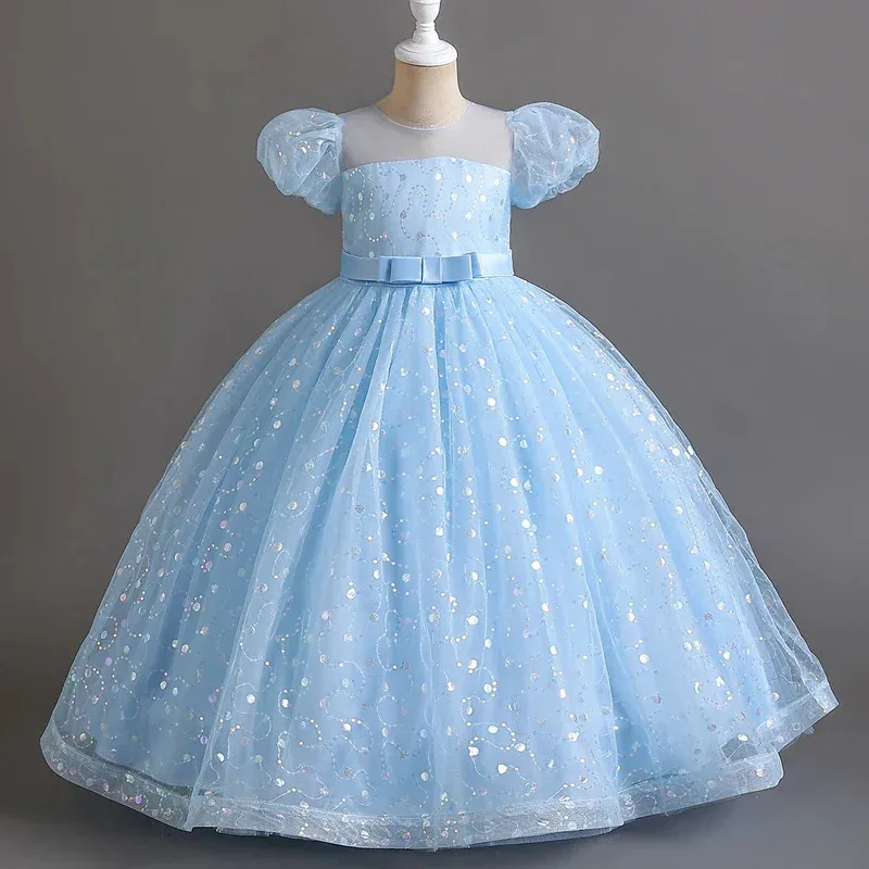 فستان بناتي طويل على طراز المحكمة الفرنسية بأكمام منتفخة وتنورة شبكية على شكل زهرة الأميرة الحلوة لأداء الأطفال #   r155