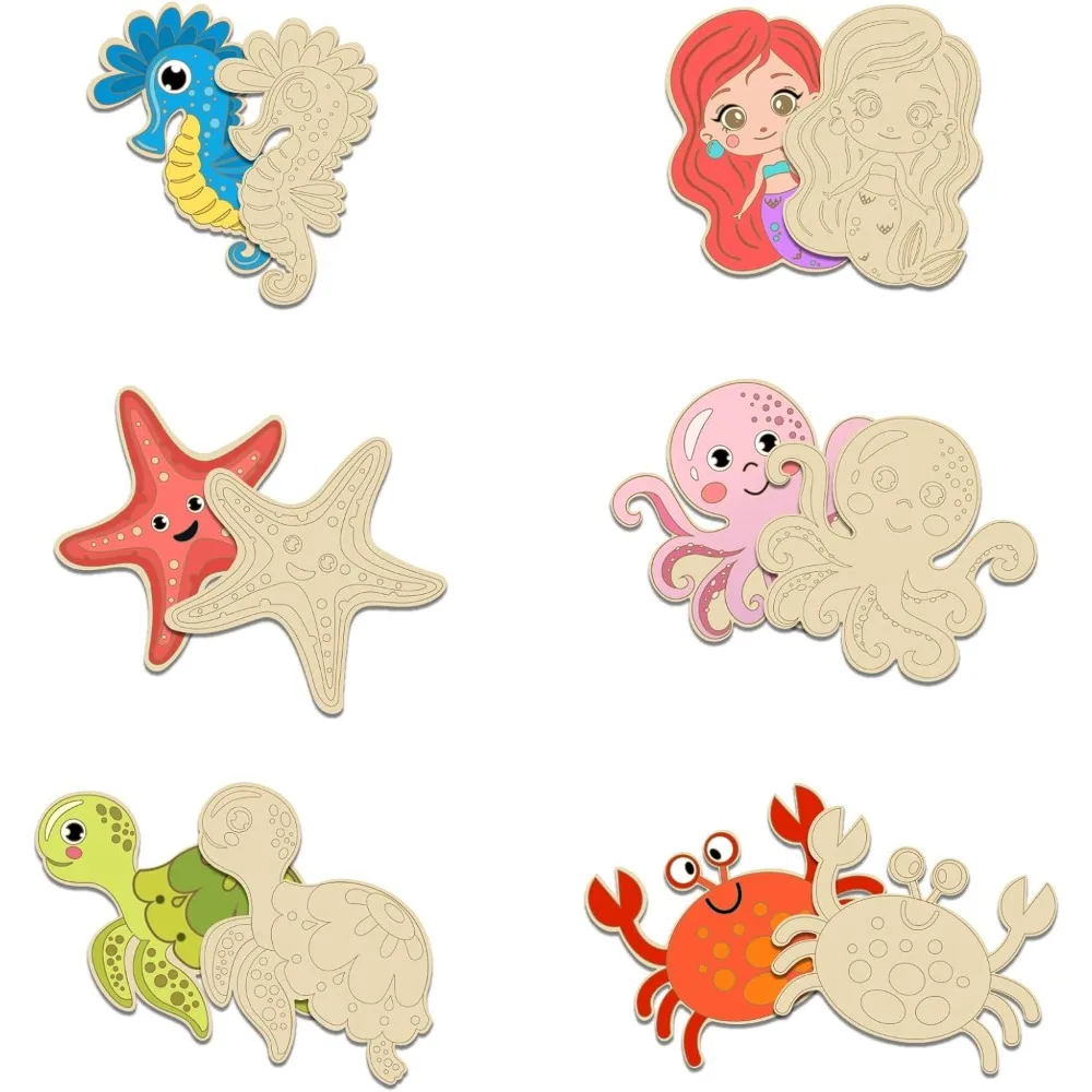 30Pcs Ocean Animals Wooden Ornaments 6Style Seahorse Mermaid Unfinished Wood Cutouts Starfish Octopus Turtle Crab Paint Crafts