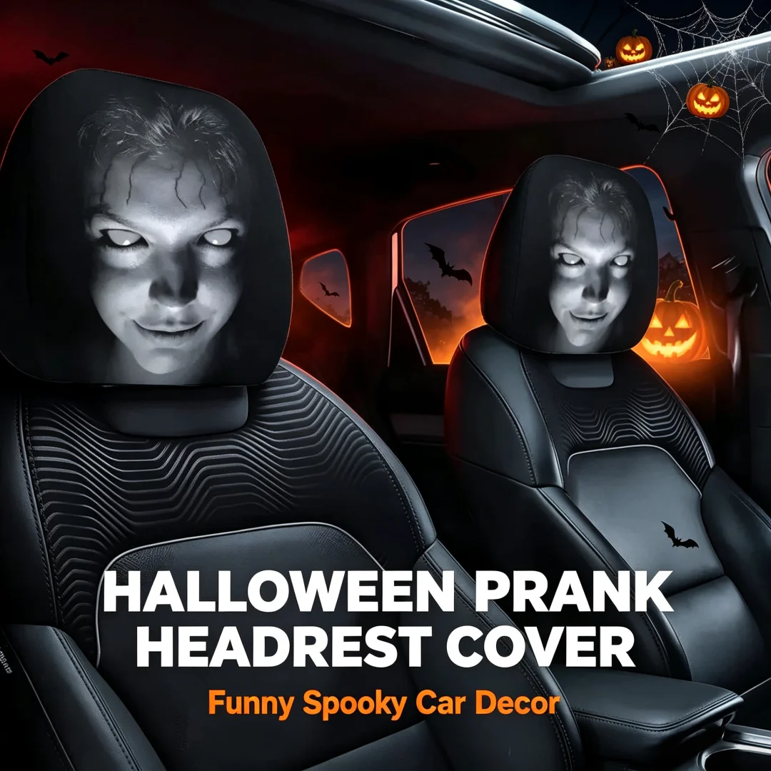 Halloween Ghost Car Headrest Cover Double Sided Spooky Prank Auto Interior Separated Headrest Halloween Party Decor Trick Prop