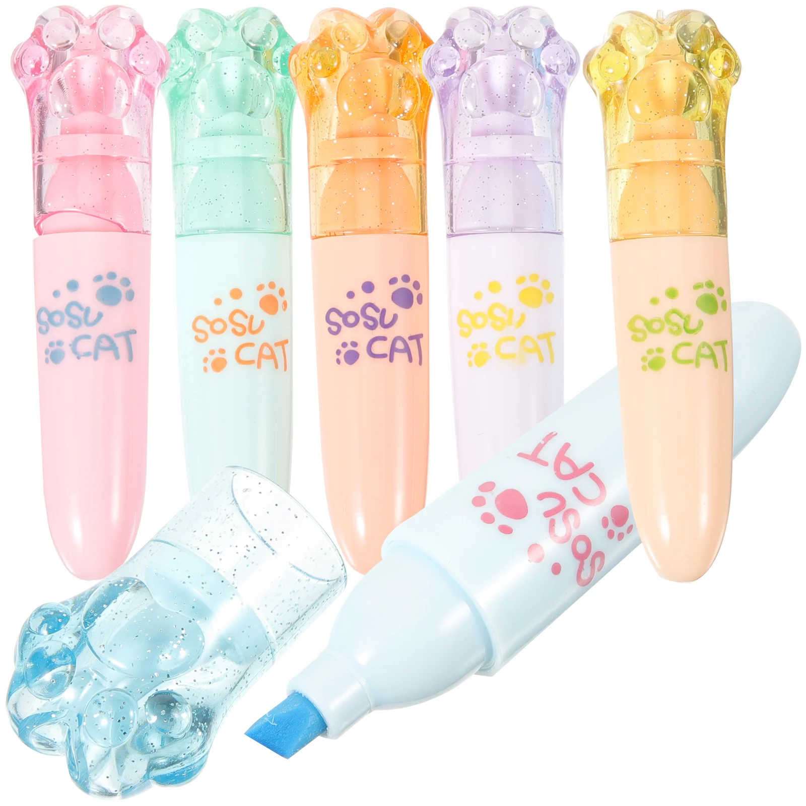 

6 Pcs Cartoon Highlighters Cat Claw Design Marking Pens School Supplies Student Scrapbook Multi Function Work Portable Daily