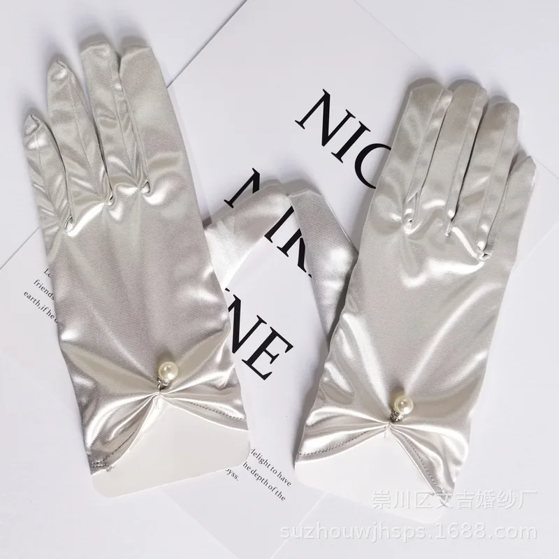 Wedding gloves bridal wedding gloves satin short gloves with a bead embellishment photo gloves