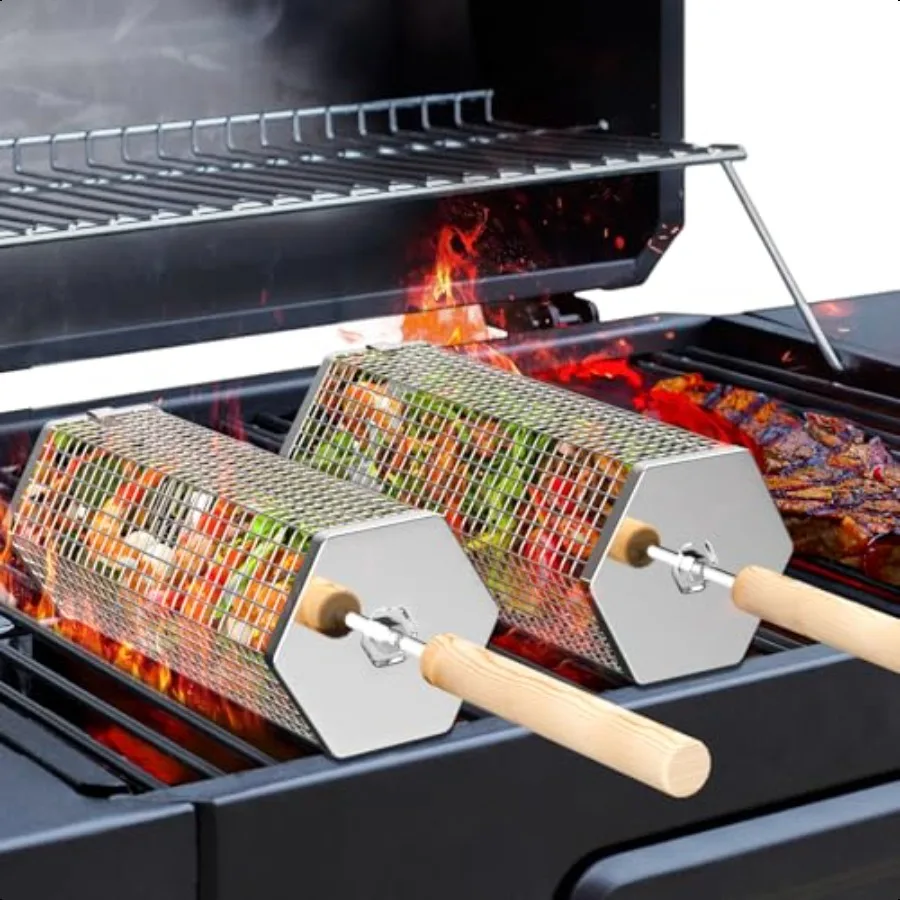 

Rolling Grill Baskets 2PCS Hexagon Removable Wooden Handle 304 Stainl Steel Nesting Grilling Net BBQ Accories Tools for Vegetab
