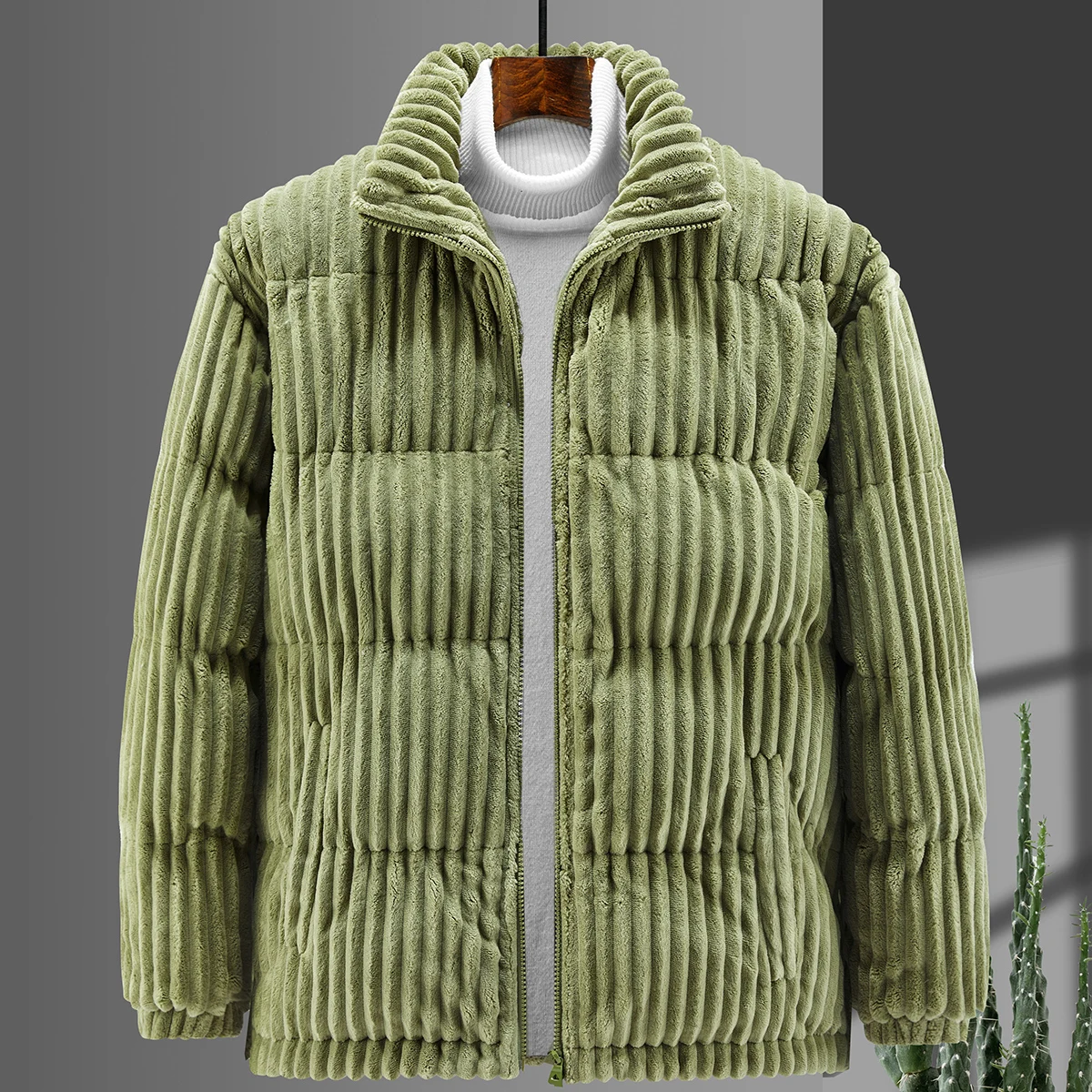 Men Winter Olive Corduroy Padded Jacket Stand Collar Zip Up Vertical Rib Quilted Coat Retro Streetwear Loose Outerwear