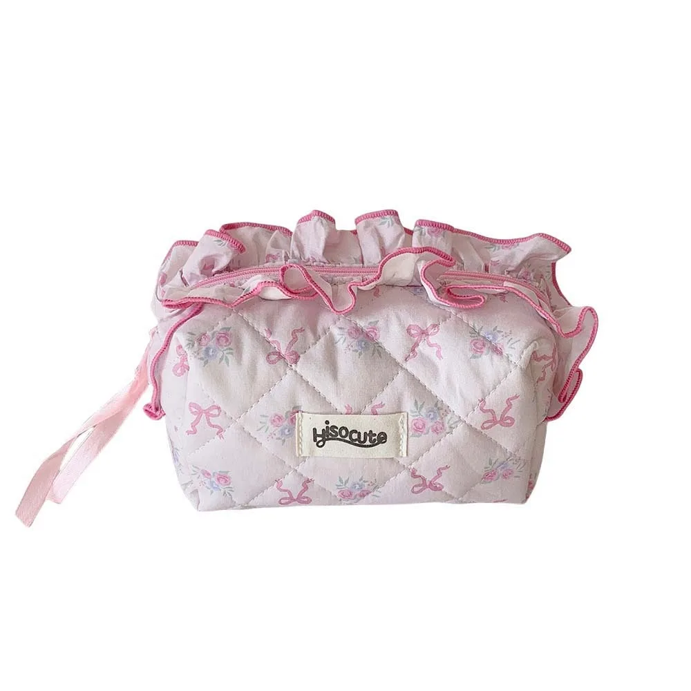 

Bowknot Bow Cosmetic Bag Wash Pouch Wrinkled Edge Korean Style Pencil Case Handbag Desktop Storage Bow Stationery Bag