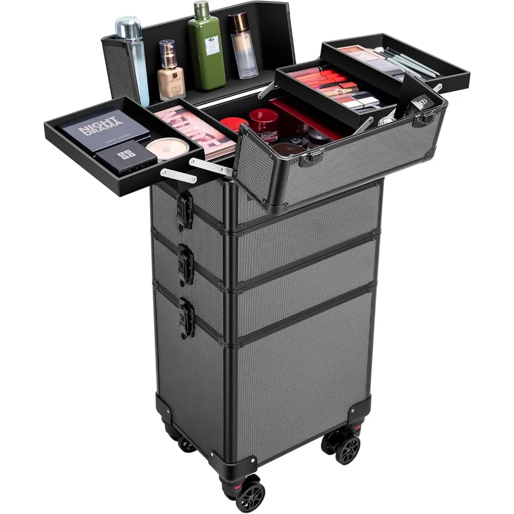 

VIVOHOME 4 in 1 Makeup Rolling Train Case Aluminum Trolley Professional Cosmetic Organizer Box with Shoulder Straps 2 Keys Black