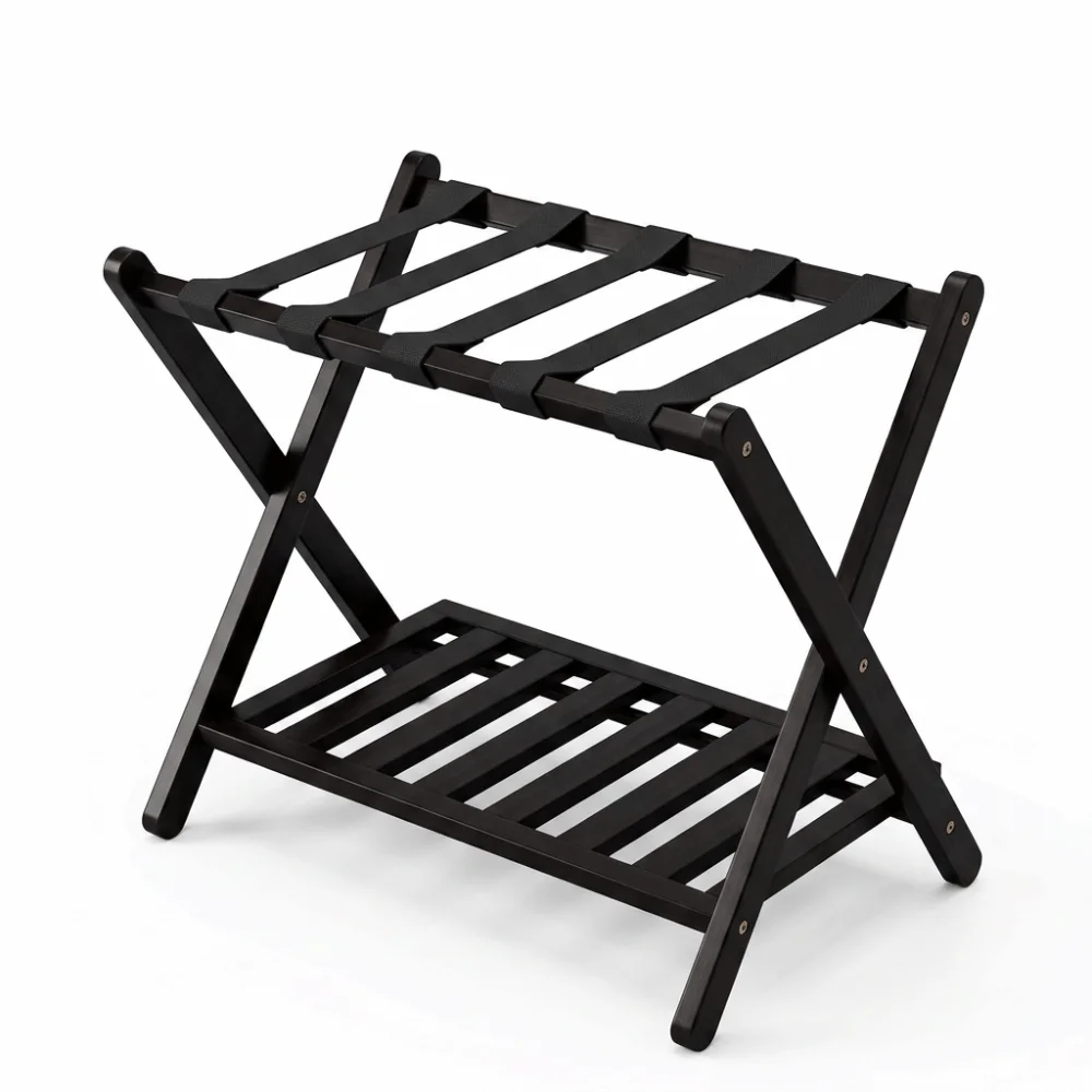 Bamboo Luggage Storage Rack 2-Tier Foldable Foldable Storage Rack Portable Space Saving baggage holder Guest Room