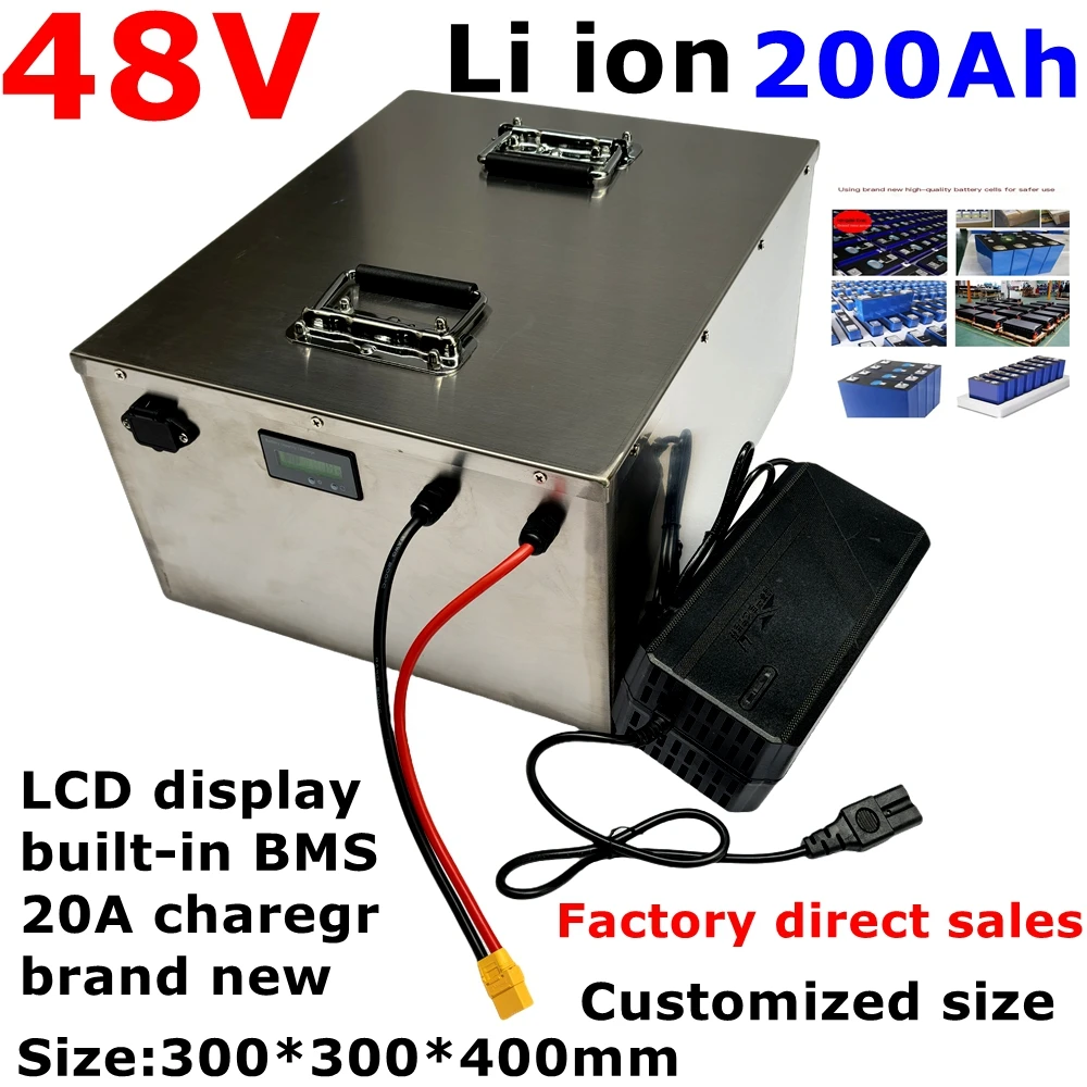 Lithium-ion étanche 48V 200Ah avec BMS 120A, stockage d'énergie solaire, chargeur 15A, pour scooter, vélo, EV, Sicile, 7000W