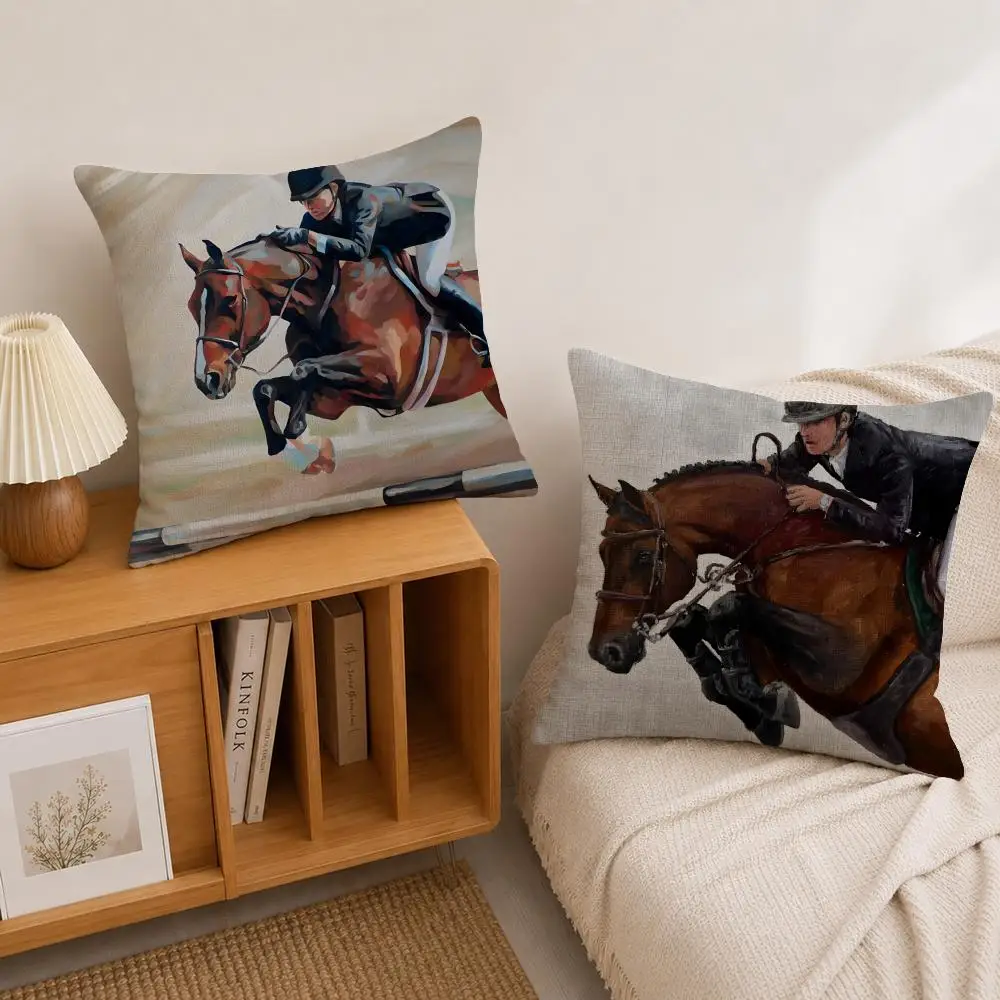 Art Rider Horse Painting Cushion Cover Natural Linen Pillowcase Set, All-in-One Decor for Sofa, Bedroom & Chair
