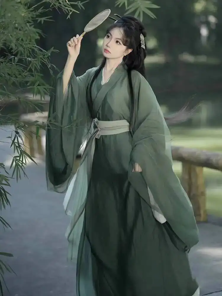 

Wei Jin Dynasty Style Hanfu Женская зеленая крутая стильная юбка с перекрестным воротником и прямым подолом Ru Миниатюрный древний костюм Warring States