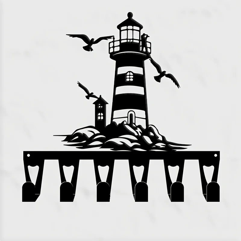 CIFBUY Wrought Iron Wall Decor Coastal Lighthouse 6 Hooks Key Holder Rack Nautical Metal Art for Entryway Hallway Living Room