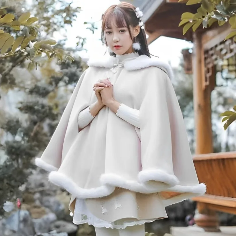 2024 Autumn Winter Women Sweet Lolita Cloak Cute Bear Ear Hooded Outwear Kawaii Clothes Chinese Buckle Button Up Neck Cloaks