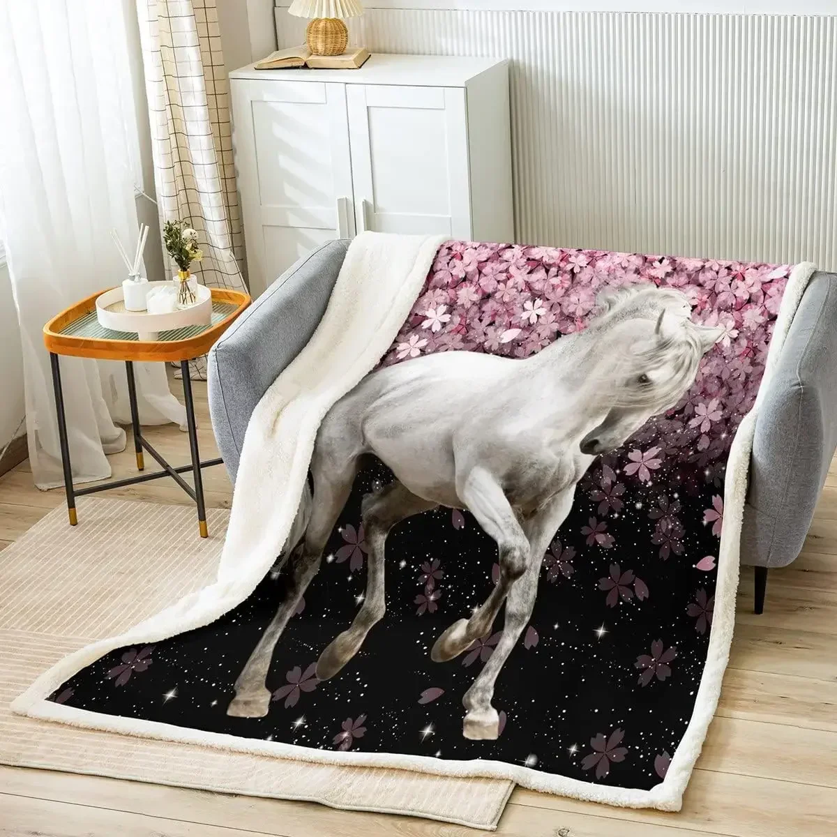 Horse Throw Blanket Galloping Horse Plush Blankets Cute Animal Decor Sherpa Blanket Cherry Blossom Fuzzy Blanket for