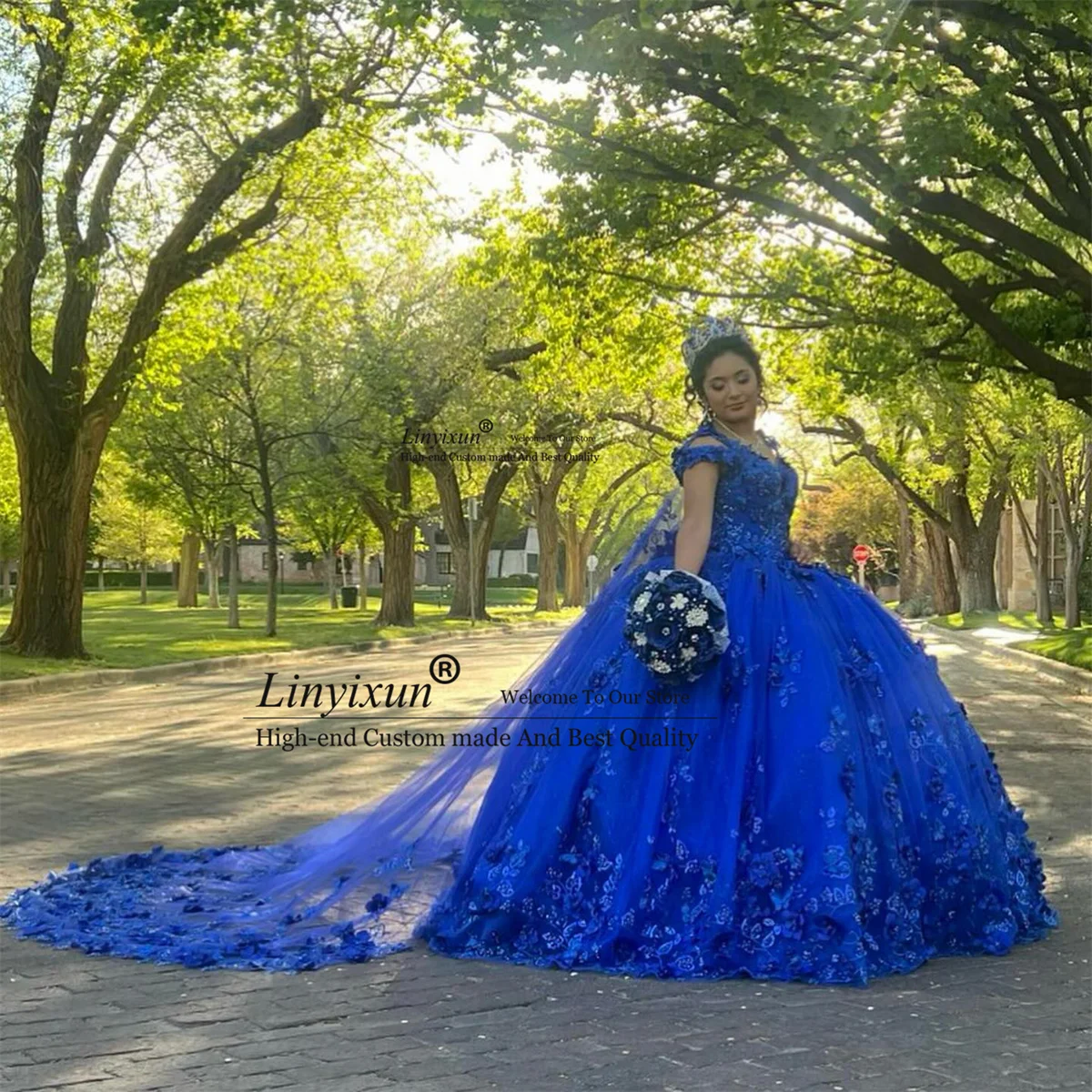 Royal Blue Ball Gown Quinceanera Dresses 3D Flowers Appliques Princess Birthday Sweet 16 Gown Off Shouler Vestidos De XV 15 Años