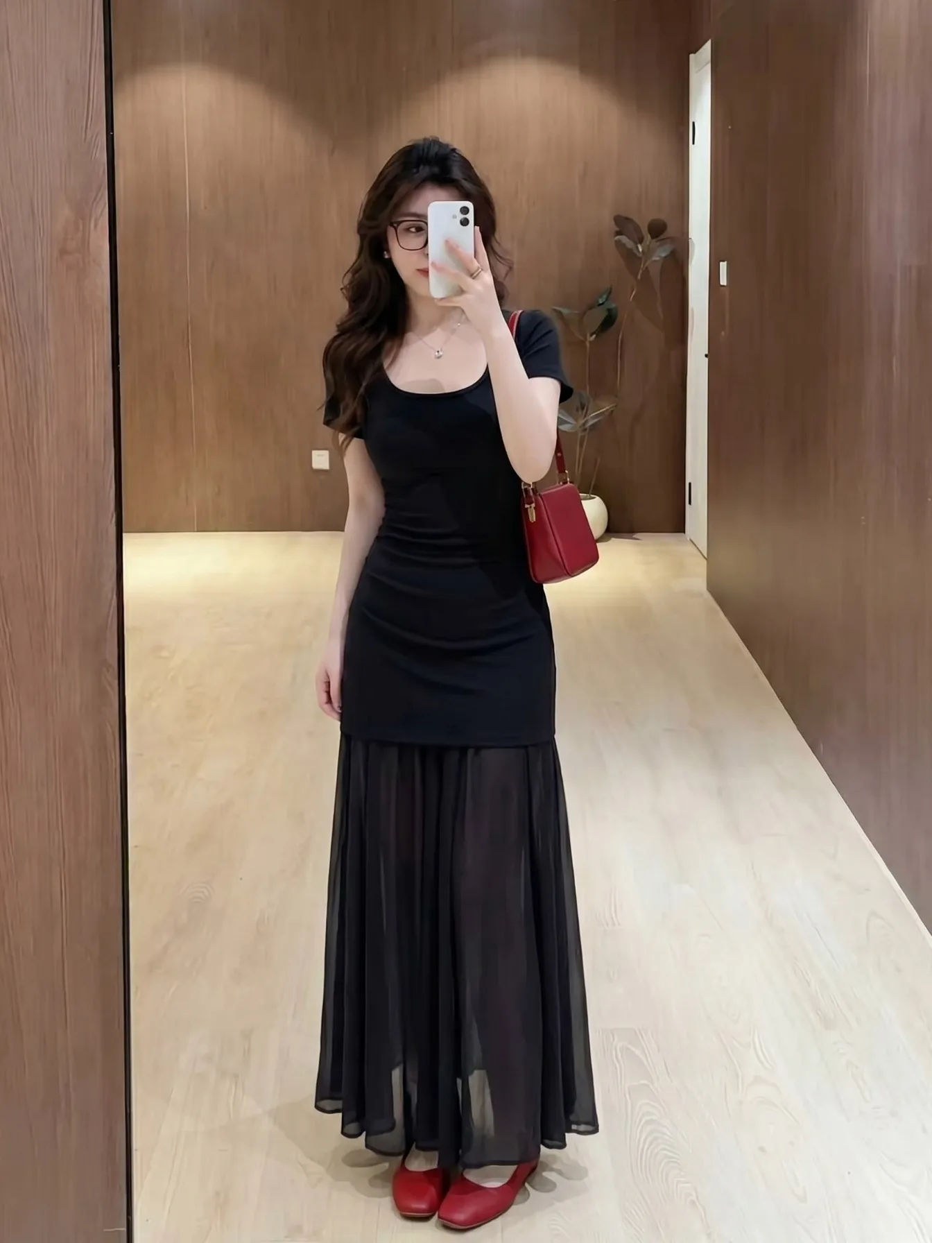 

plus Size Women's Summer Short Sleeve Mesh Splice Dress Slimming Waist High Waist Long A-Line Skirt Commute Style Korean Version