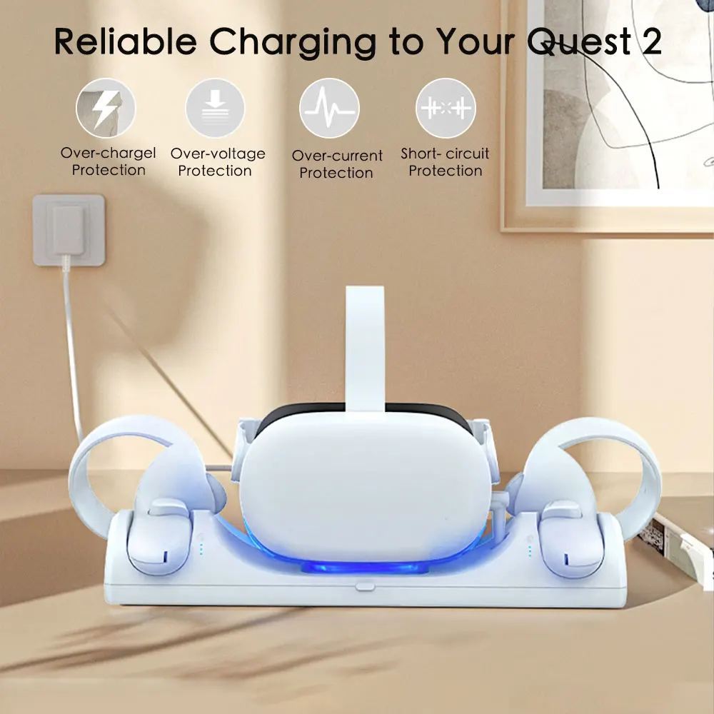قاعدة شحن لجهاز تحكم سماعة رأس ميتا كويست 2 VR ، محطة شاحن مع بطاريتين قابلة لإعادة الشحن ، ملحقات محول الطاقة