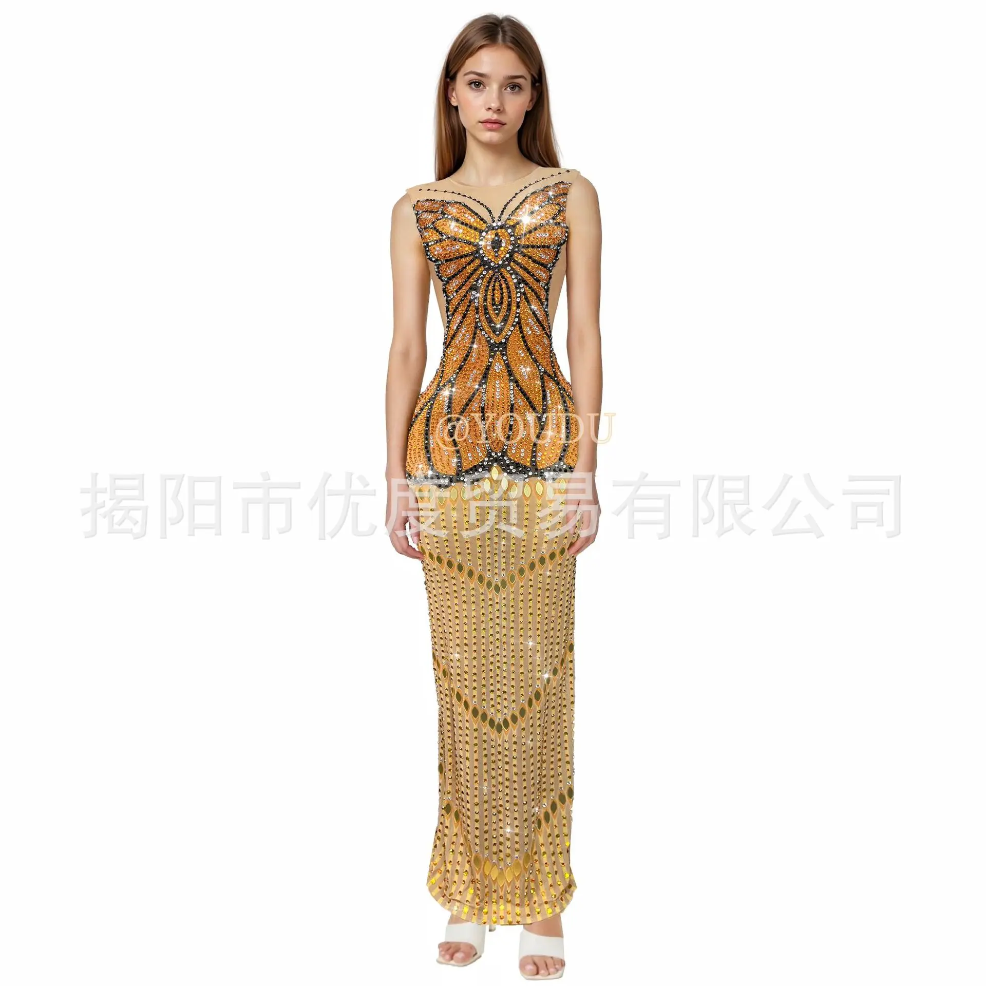 Glam Rhinestone Diamond Chain Short Skirt Night Mesh Dress Birthday Female Singer Dance Performance Autumn Leaf Butterfly Dress