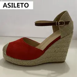 ASILETO damskie espadryle damskie sandały na koturnie wysokie obcasy platforma Bohemia splot pasek sandalia czerwone czółenka rozmiar 34-43 A2096